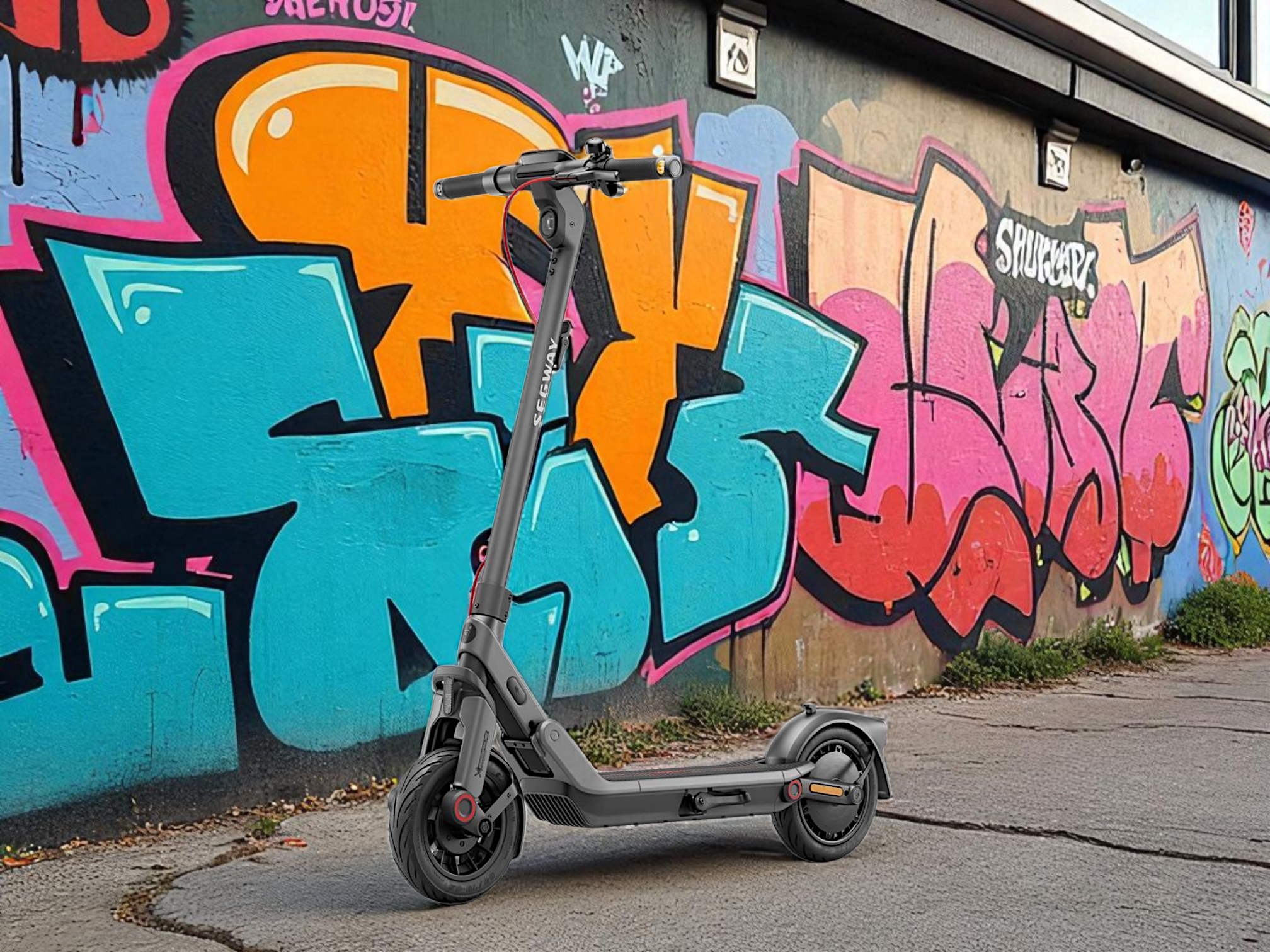 Trottinette électrique Ninebot E3 E devant un mur de graffitis en milieu urbain