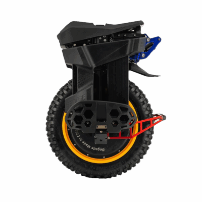 Détail de la suspension arrière à double réglage bleu et rouge sur T4 Max