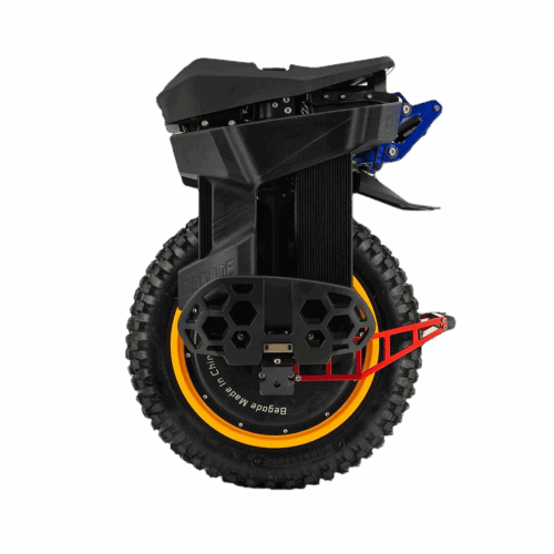 Détail de la suspension arrière à double réglage bleu et rouge sur T4 Max