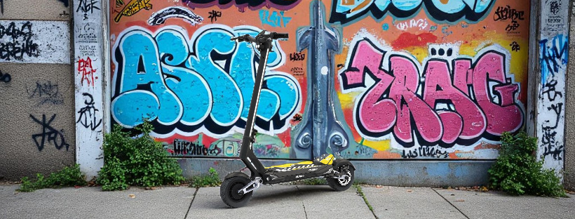 Trottinette électrique Punk Rebel Dual Motor devant un mur recouvert de graffitis multicolores