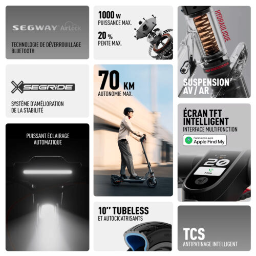 Présentation des caractéristiques Segway Ninebot F3 : 1000W max, pente 20%, suspension avant/arrière, pneus tubeless 10 pouces