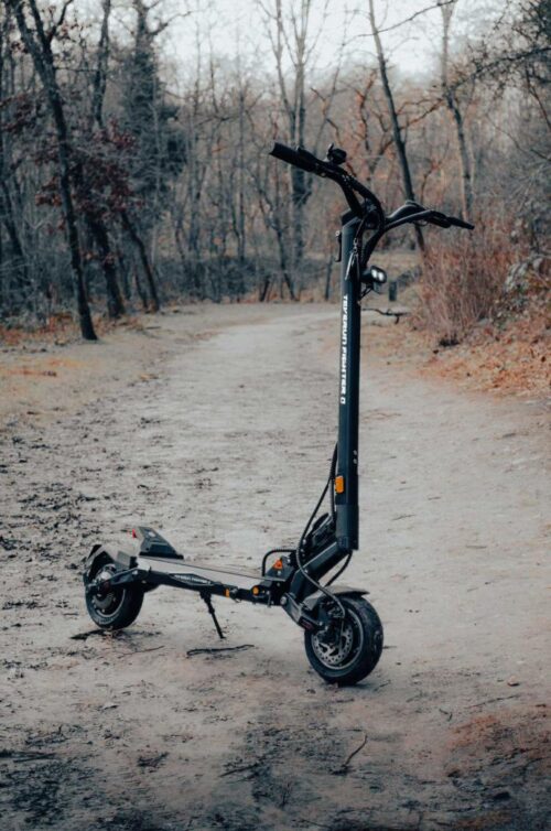Teverun Fighter Mini Q vue de côté sur un sentier en forêt