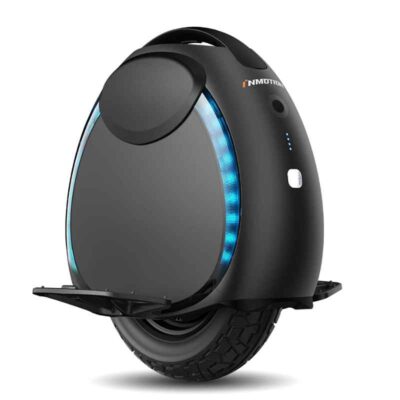 Gyroroue INMOTION V6 vue de trois-quarts, affichant les LED latérales bleues et les pédales déployées.