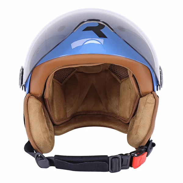 CASQUE REVOE KARM 11 Casque Revoe Karm bleu brillant, vue de face, visière relevée, intérieur visible