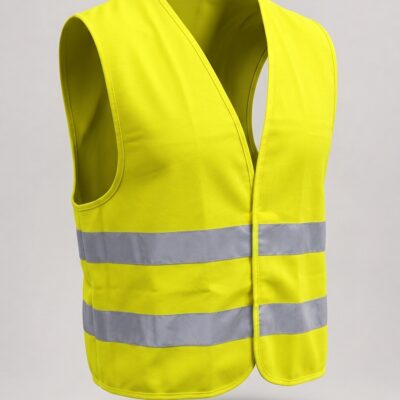 Gilet haute visibilité jaune avec deux bandes réfléchissantes, vue de face