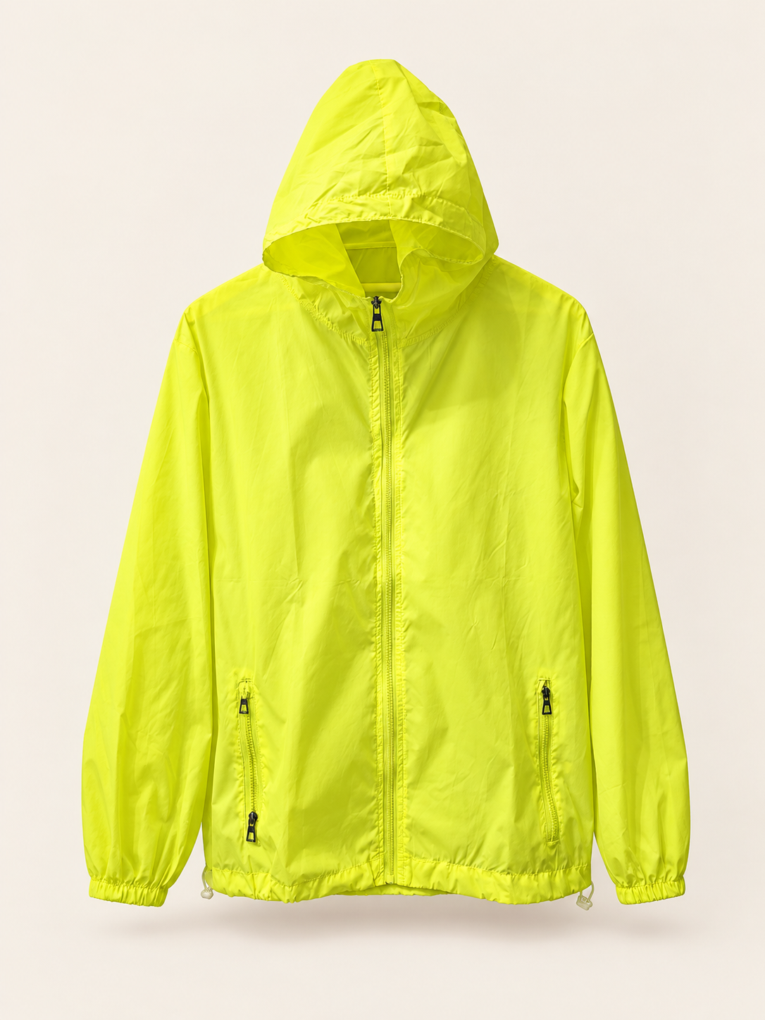 Gilet haute visibilité avec capuche 1 Veste haute visibilité jaune avec capuche et fermeture zippée, vue de face